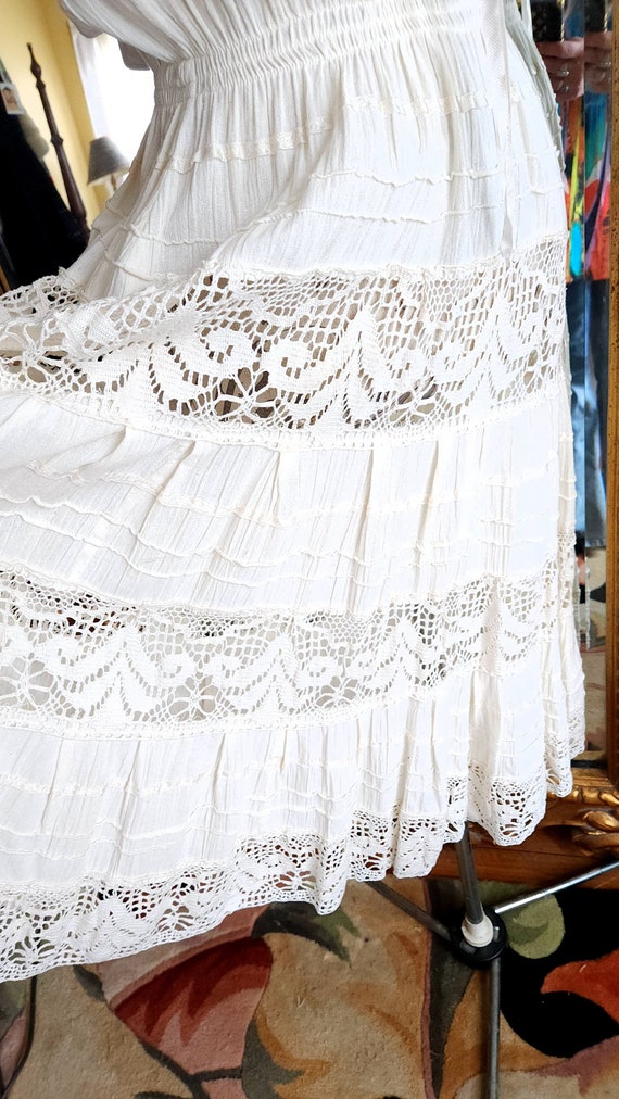 Vintage 70's White Cotton Mexcian Peasant Dress - image 7