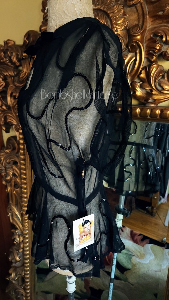 Vintage 40's Gorgeous Sheer Black Sequin Peplum T… - image 4