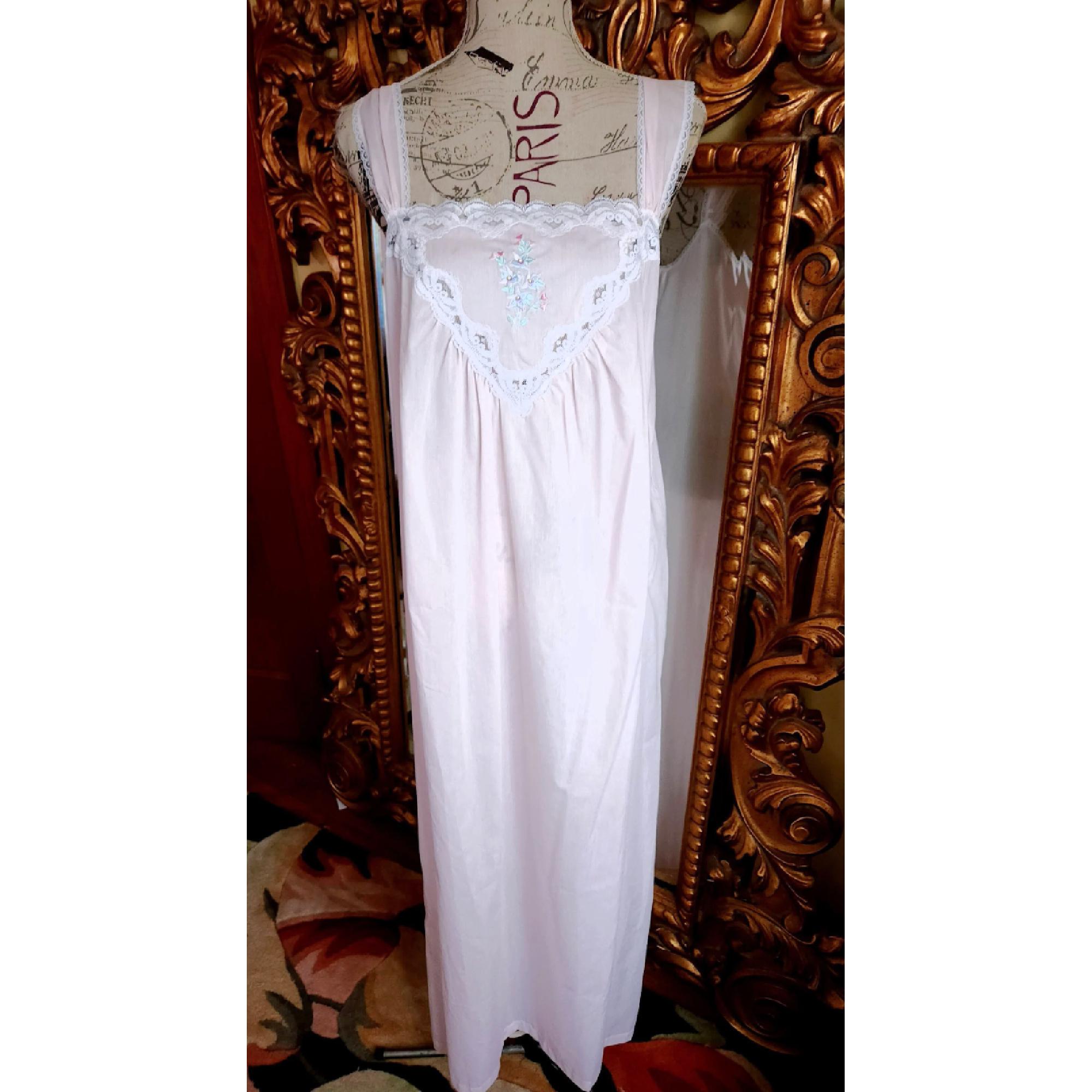 Vintage 70's Barbizon Pink Embroidered Cotton Long Nightgown