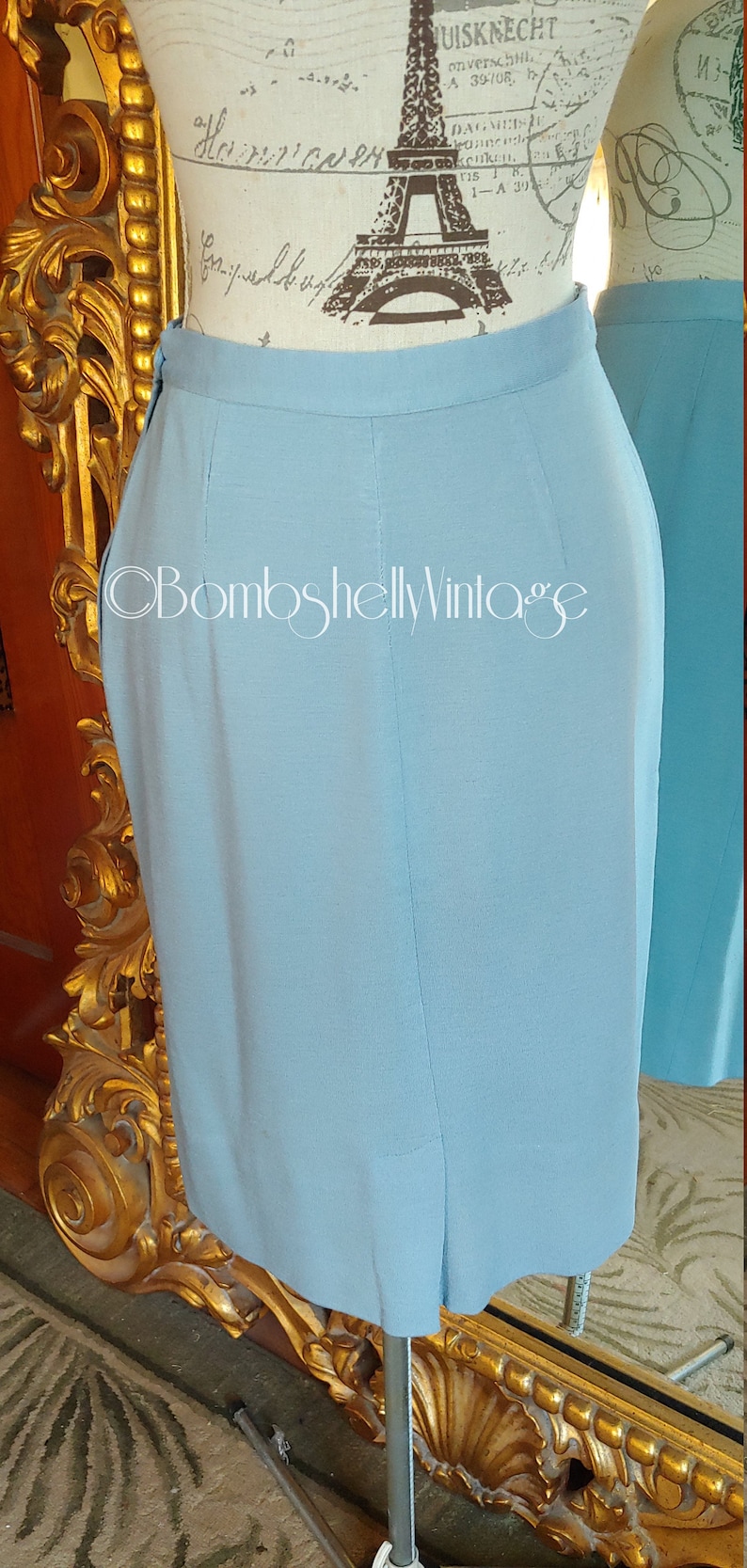Vintage 50/'s Light Blue Wool 2 piece Sweater Skirt Set with Pink Satin Collar and Ribbon Trim