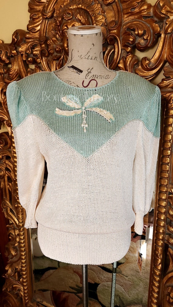 Vintage 80's Green and White Sequin Bow Sweater wi