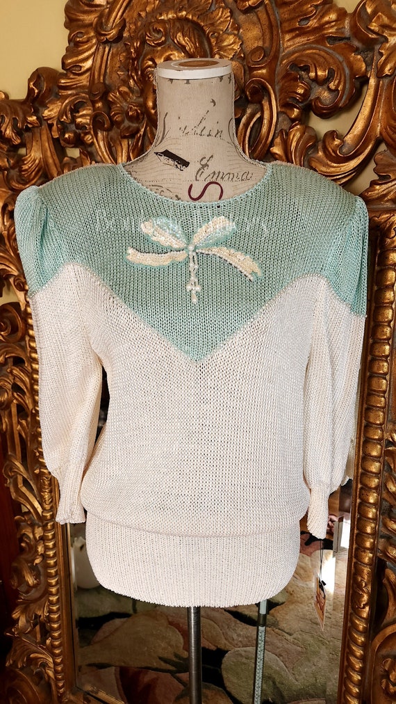 Rhinestone Bow Lettuce Trim Sweater