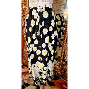 Vintage 60&#39;s Black and Yellow Daisy Print Cotton Button Front Maxi Skirt