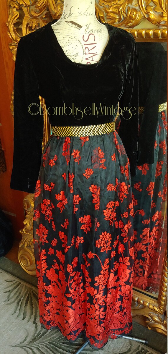 Vintage 70's Black Velvet and Red Hostess Gown