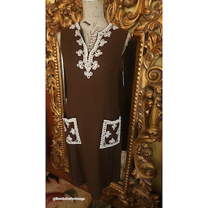 Vintage 60&#39;s Carlye Brown Linen Shift Dress with White Metal Trim