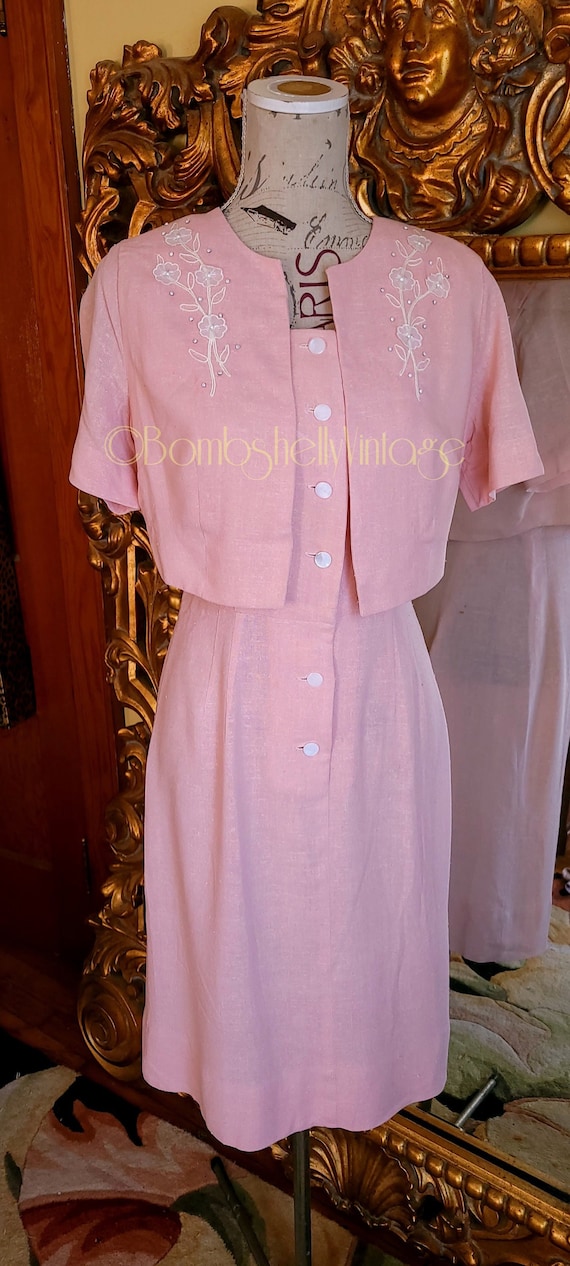 Vintage 50's Edith Martin Pink Linen Two Piece Dr… - image 1