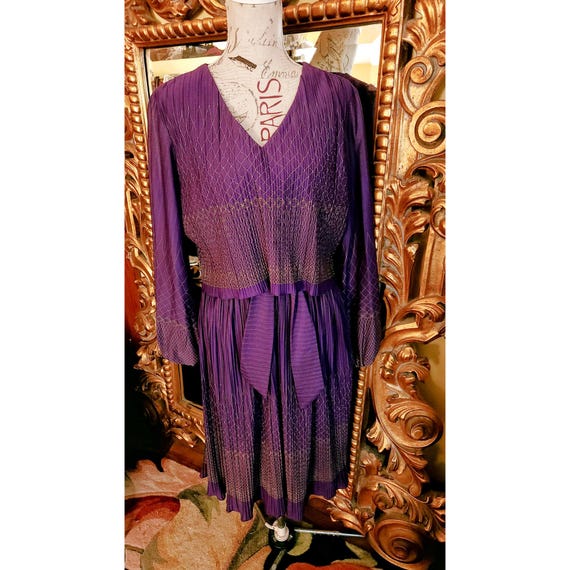 slim fit dress slacks St. John Metallic Gold Pleated Knit Dress Size 2 – Flower Moon Boutique main image 1