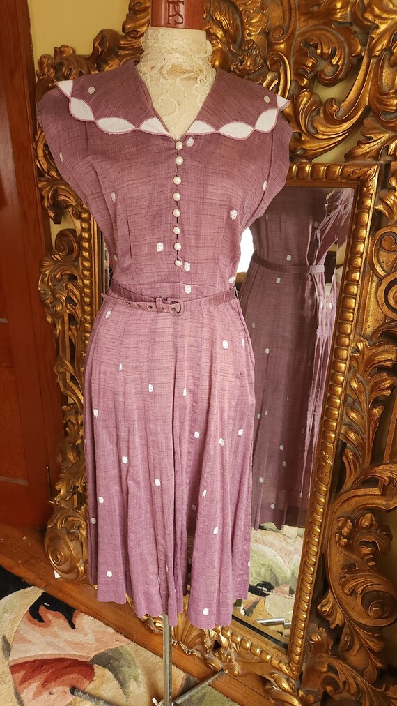 Vintage 50's Mynette Mauve Cotton Embroidered Polk