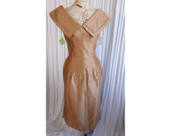 Vintage 50's Deadstock Cocoa Silk Wiggle Dress with Velvet Trim