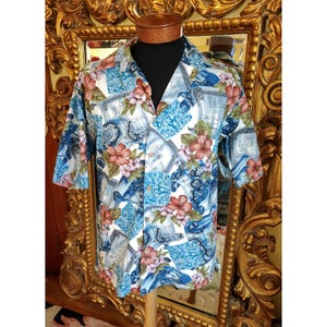 Vintage Mens Pam Hana Hawaiian Blue Sandwich Isle Print Hawaiian Shirt