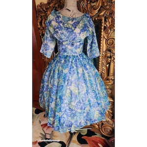 Vintage 50&#39;s Blue and Purple Printed Floral Chiffon Fit & Flare Dress