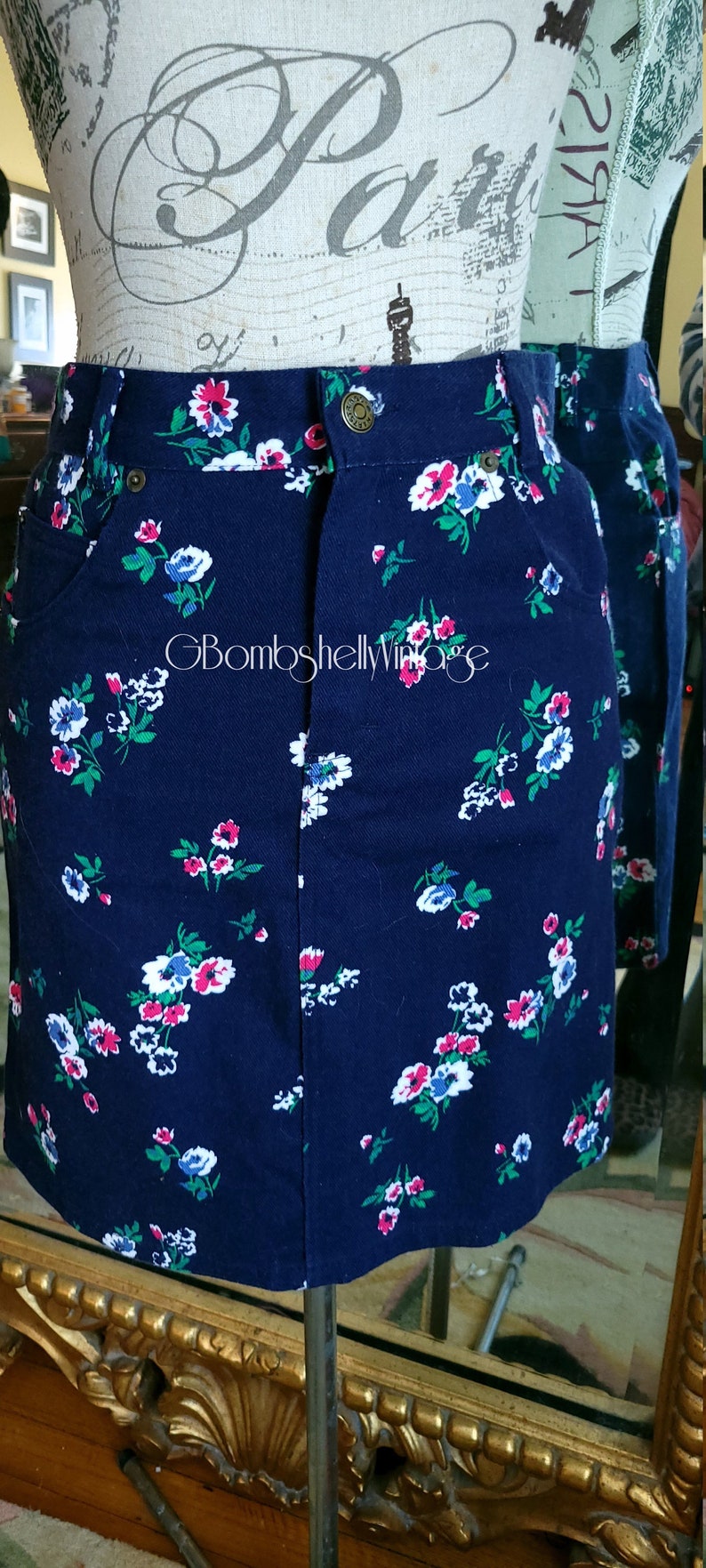 Vintage 80's Heartstrings Floral Denim Skirt Suit with Corduroy Strim image 8