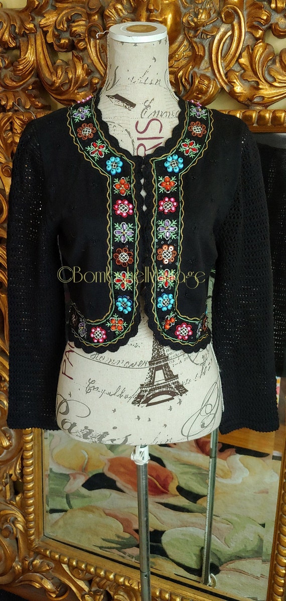 Vintage Berek Black Embroidered Beaded Boho Bolero
