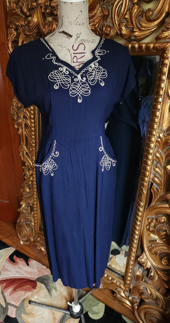 Vintage 40's Navy Blue Linen Embroidered Dress wit