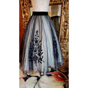 Vintage 50&#39;s Dale Brown Black and White Tulle Full Skirt with Black Floral Flocking Details