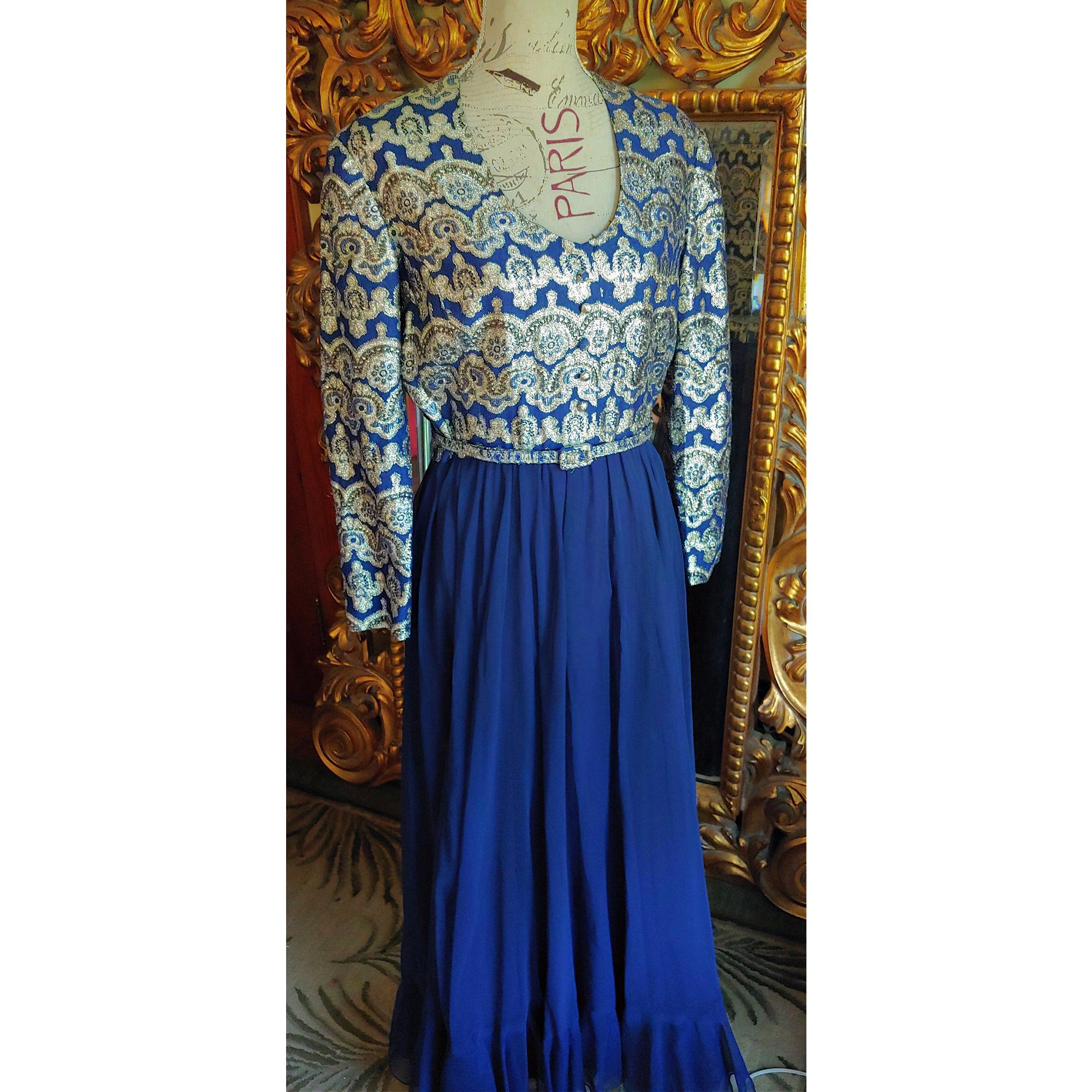 Vintage 60's Harmay For Marshall Fields Metallic Brocade & Navy Chiffon Ball Gown