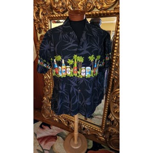 Vintage 80&#39;s RJC Hawaiian Black Cotton Beer Print Shirt Drinking Shirt