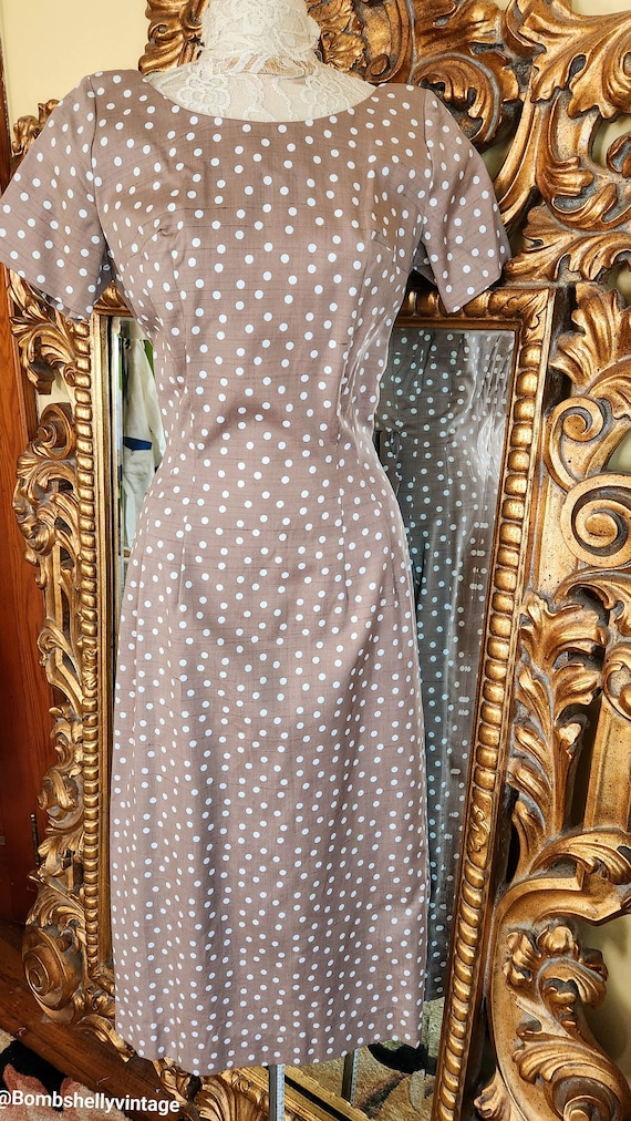 Vintage 50's Silk Taupe Polka Dot Wiggle Dress wit