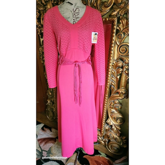 Vintage 70's Bullocks Hot Pink Maxi Dress with Woven jeweled Belt Volup Size