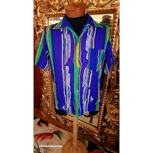Vintage 60&#39;s Men&#39;s Alfred Shaheen Abstract Hand Screened Hawaiian Shirt