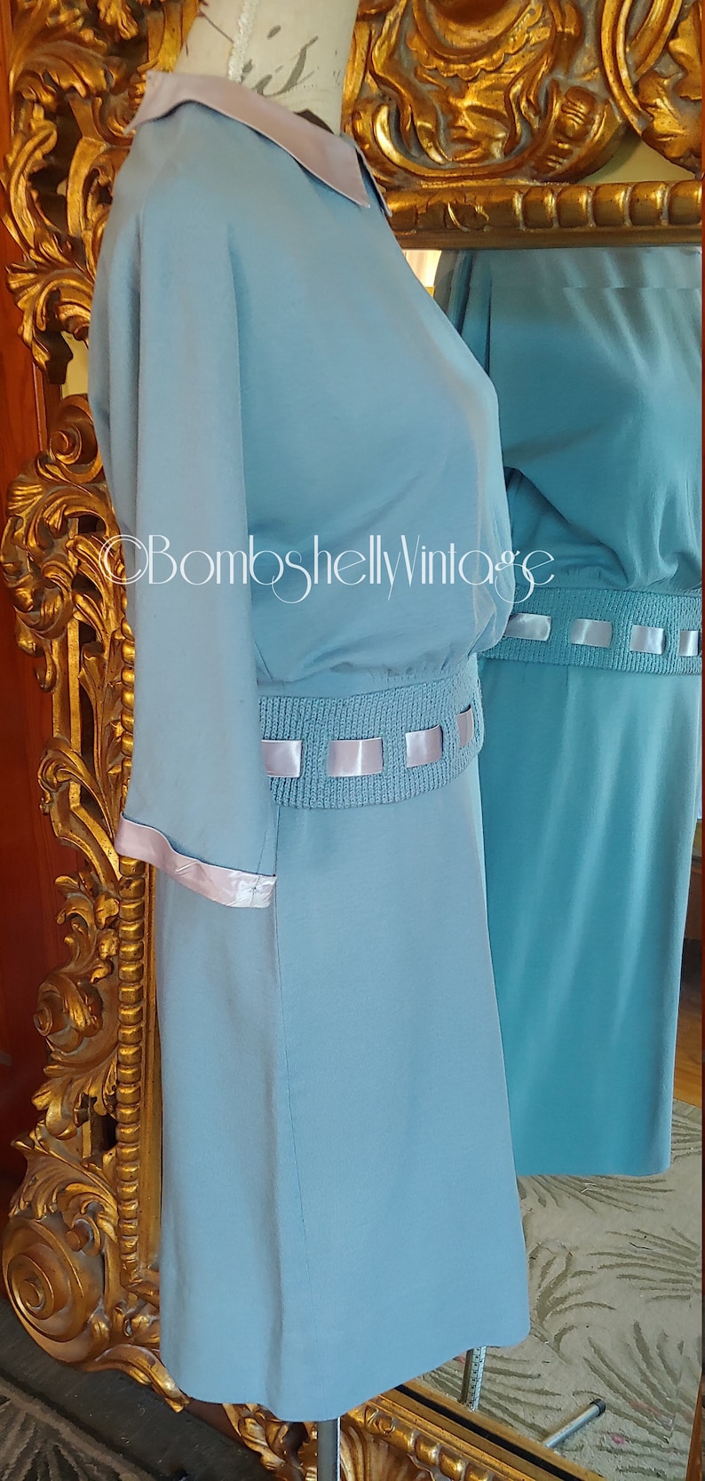 Vintage 50/'s Light Blue Wool 2 piece Sweater Skirt Set with Pink Satin Collar and Ribbon Trim