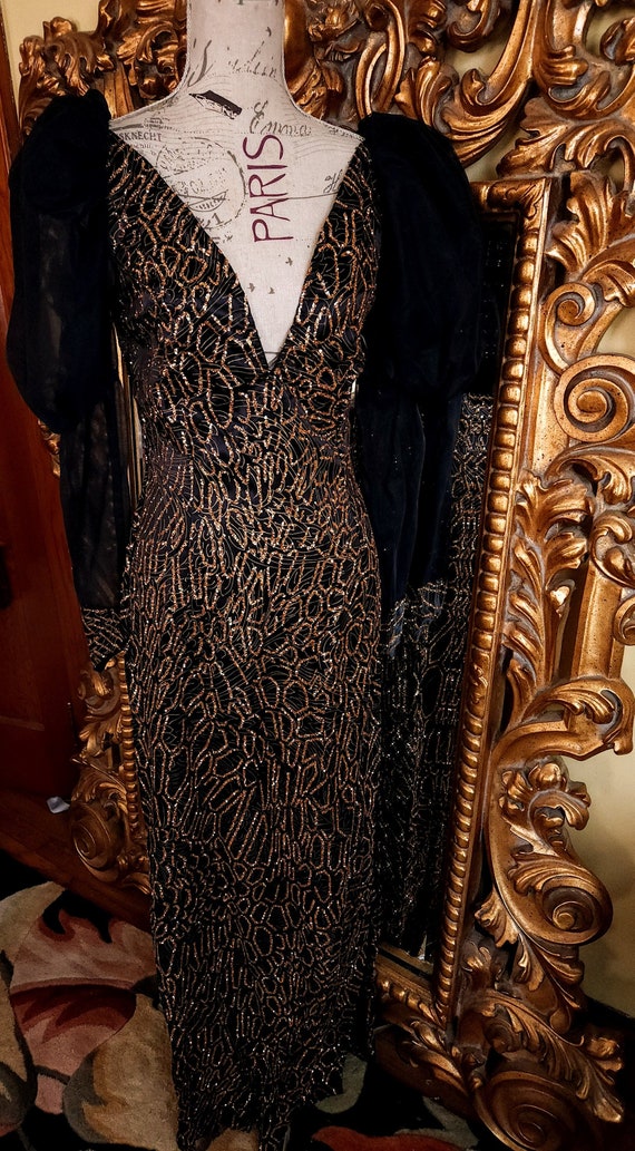 Vintage Black and Copper Glitter Gown with Sexy Pl