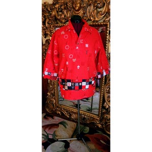 Vintage 70s McInerny Hawaiian Exclusive for Iolani Red Tunic Style Barkcloth Tiki Shirt