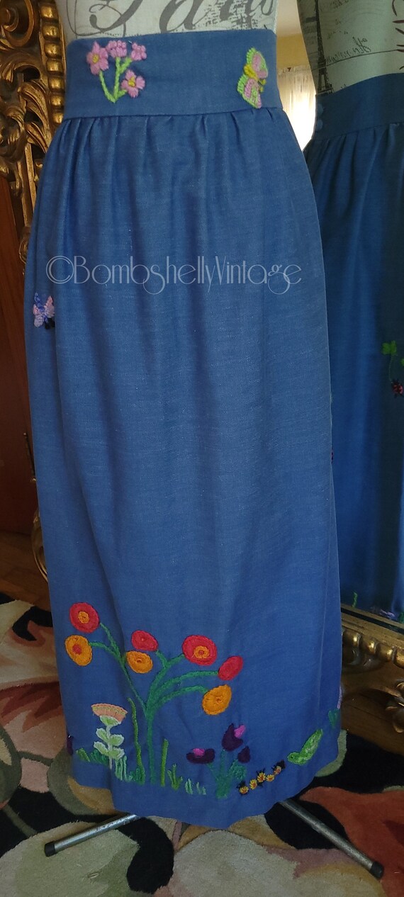 Vintage 70s Hand Embroidered Blue Maxi Skirt - image 2