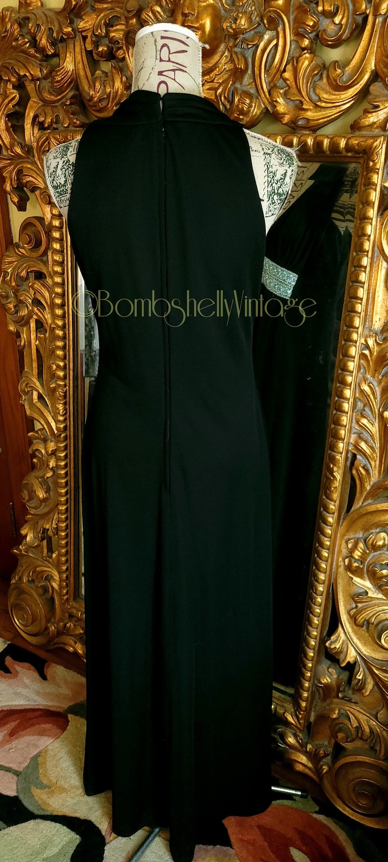 Vintage 70's Julie Miller Black Goddess Gown with Metallic Trim image 3