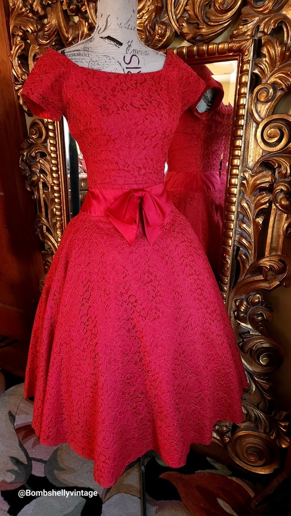Vintage 50's Red Lace Fit and Flare Party Dress - image 1