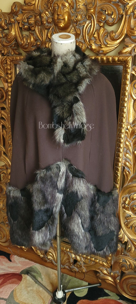 Vintage Artisan Made Brown Wool Cape with Patchwor