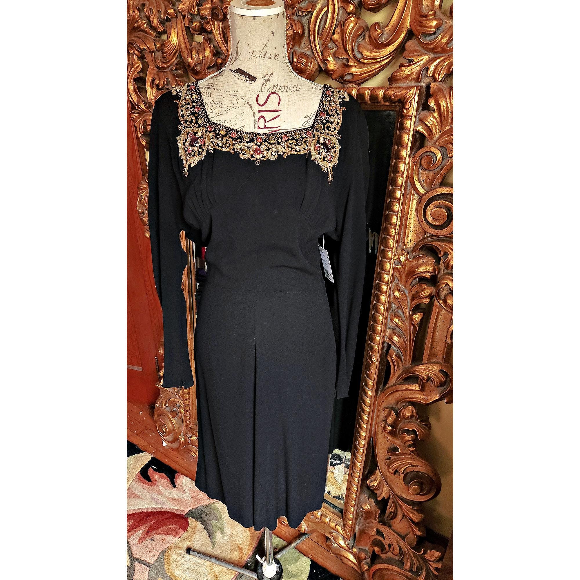 Vintage 40's Charles Armour NY Heavily Bead Black Rayon Dress