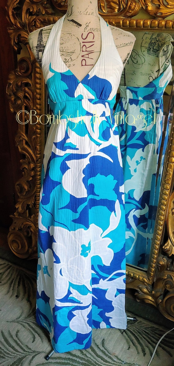 Vintage 60's Malia Honolulu Blue and White Halter
