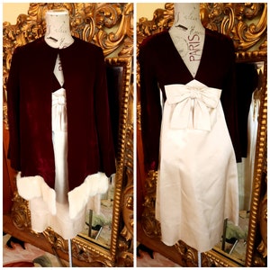 Vintage 60's Sarmi Designer Deep Red Velvet and White Silk Dress and Coat with Mink Trim