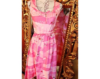 Vintage 60&#39;s Malia Honolulu Pink Cotton Whimsical Short Dress
