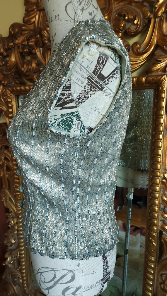 Vintage 90's Heavily Beaded Silver Vest Top with … - image 4