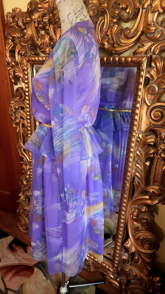 Vintage 70 s Jer Purple Floral Chiffon Peplum Dress With Ribbon Belt Etsy UK