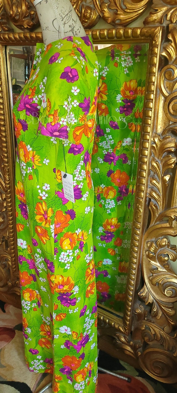 Vintage 60's Lime Green Floral Barkcloth Maxi Dre… - image 4