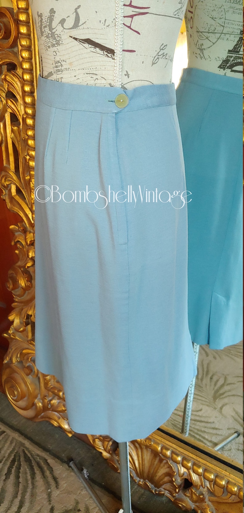 Vintage 50/'s Light Blue Wool 2 piece Sweater Skirt Set with Pink Satin Collar and Ribbon Trim
