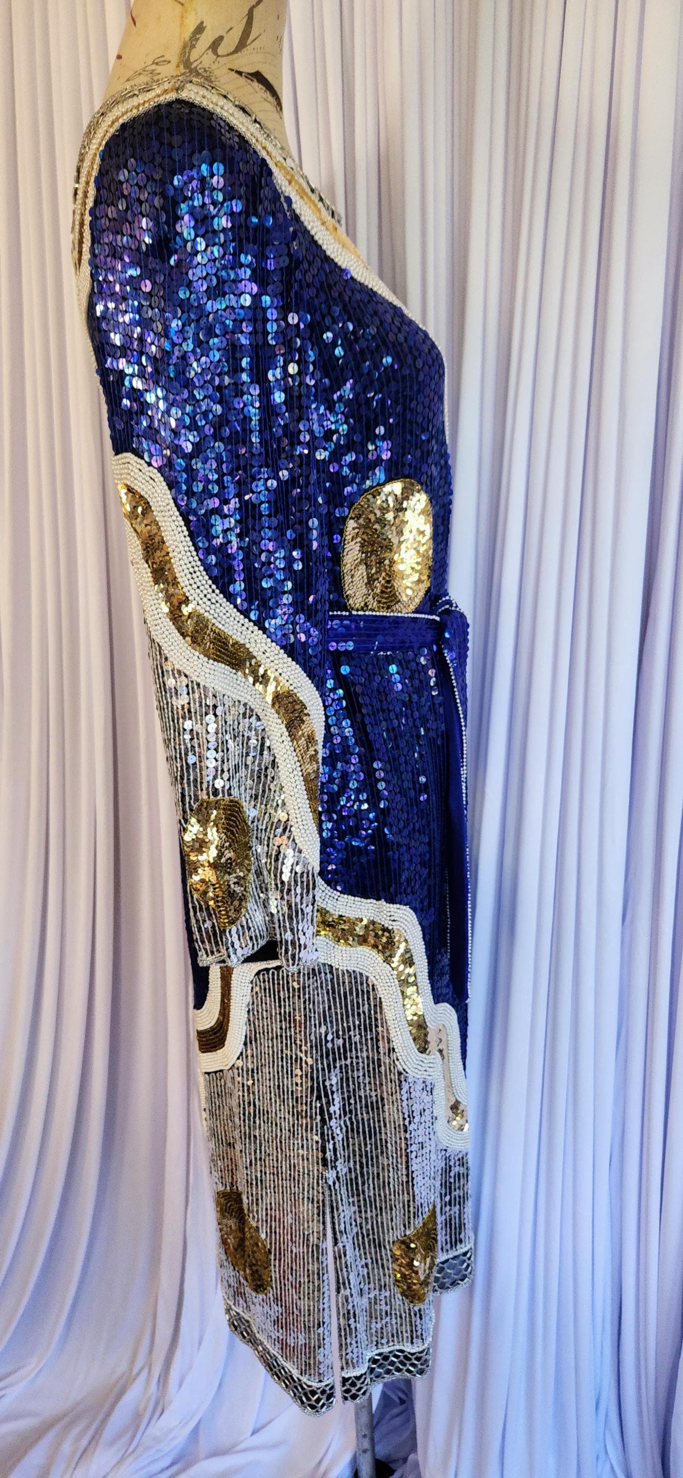 gold and blue sequin dress Gothic Teal Blue and Gold Sequin Evening Gown with Draped Train - Strapless Glitter Dress