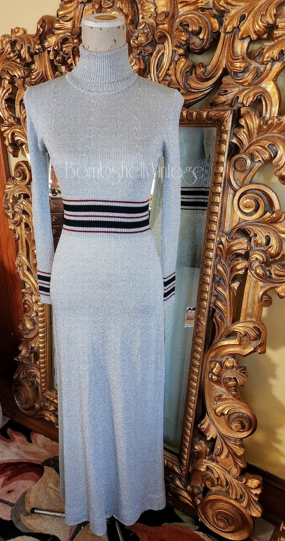 Vintage 70's Bargello Silver Lurex Maxi Dress with