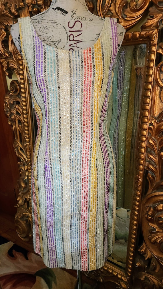 Vintage 60's Rainbow Sequin Stripe Sheath Dress