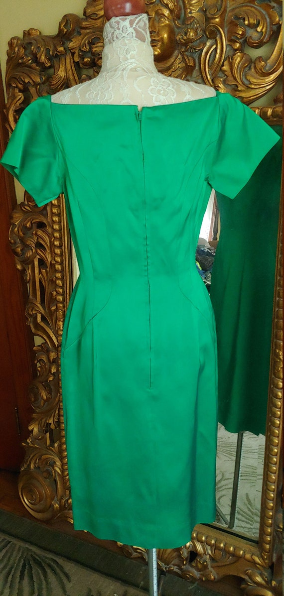 Vintage 1950's Emerald Green Satin Wiggle Dress L… - image 4