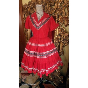 Vintage 50&#39;s Red Cotton Patio Dress with Black and Silver Trim
