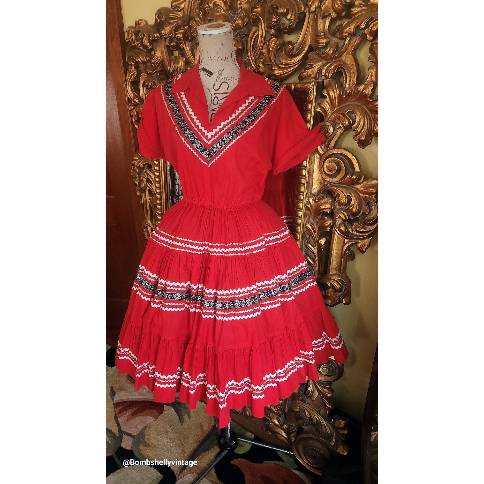 Vintage 50's Red Cotton Patio Dress with Black and Silver Trim