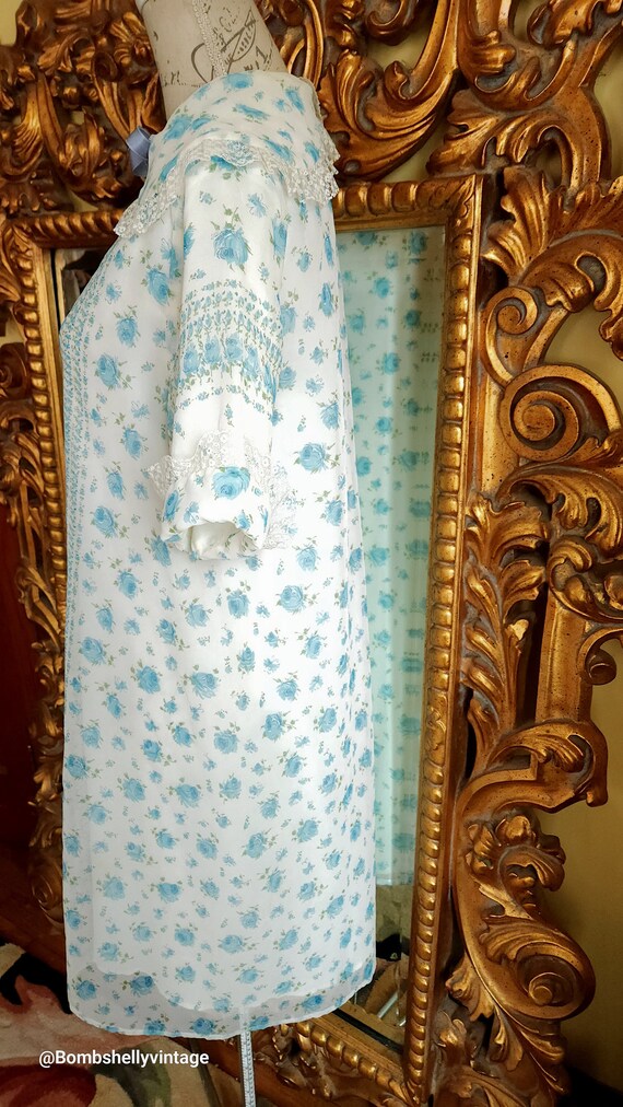 Vintage 50's Dreamwear Blue Floral Chiffon House … - image 2