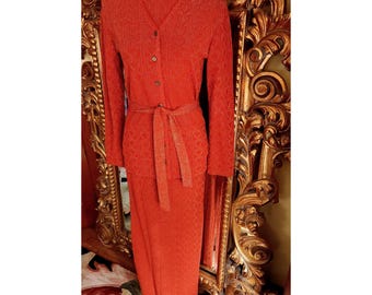 Vintage 70&#39;s Rona Burnt Orange and Gold Metallic Knit 4pc Maxi Skirt and Cardigan Set