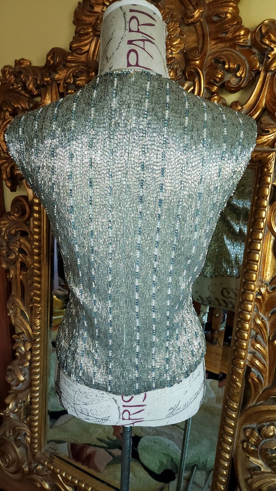 Vintage 90's Heavily Beaded Silver Vest Top with … - image 3
