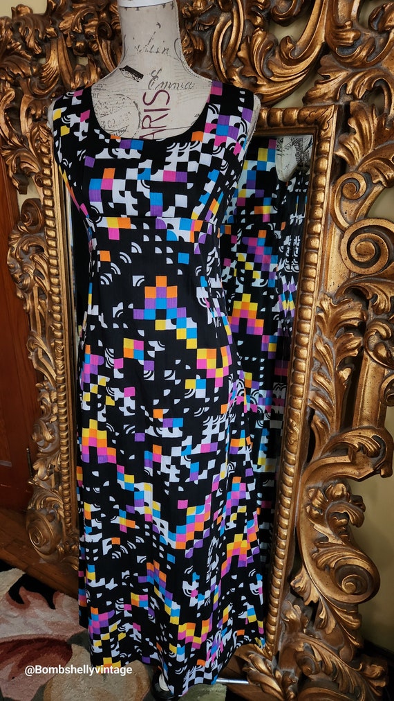 Vintage 60's Black Geometric Cotton Maxi Dress - image 1