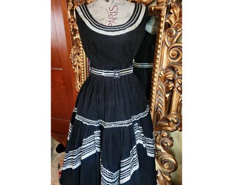 Vintage 50's Black Corduroy Patio Skirt Set with Metallic Silver Trim & Belt